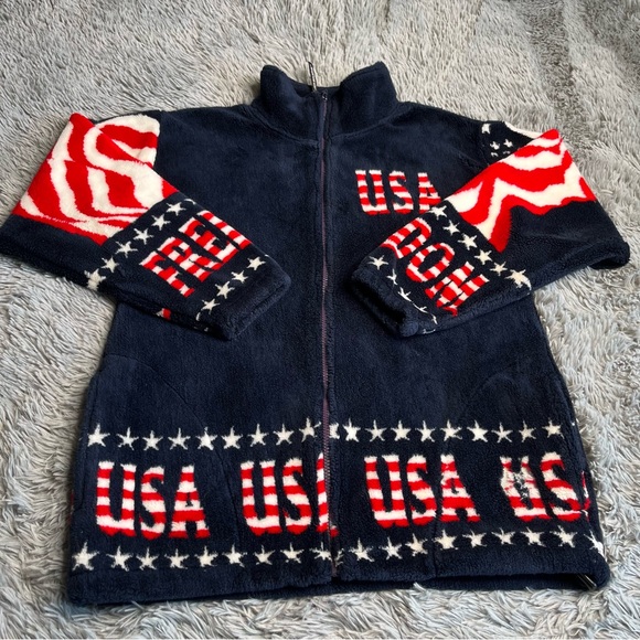 Black Mountain Outdoor Jacket Womens Small Fleece USA American Flag Pockets Blue - Picture 1 of 12